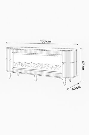 Dekoratif Şömineli Tv Sehpası Uygulamalı 7 Renk Hoparlörlü Cappuccino Gold Detaylı 160x67x40 Cm