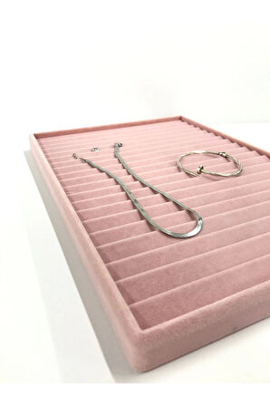 Yerli Üretim Madrid Model Süet Kumaş Pembe Renk 34/24 Cm Kademeli Çekmece Ici Bileklik-kolye Standı