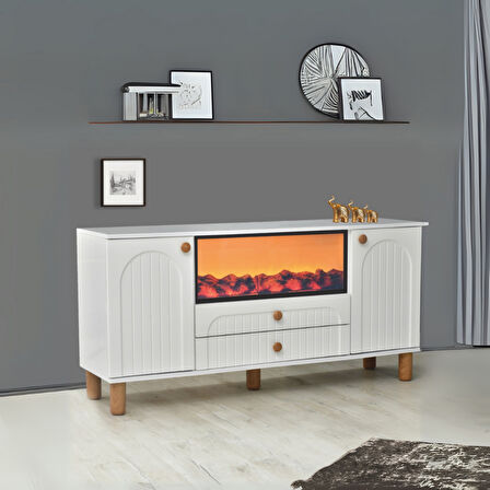 Lidya Şömineli Konsol 2 Kapaklı 2 Çekmeceli Beyaz Alev Efektli 160x80x44 Cm