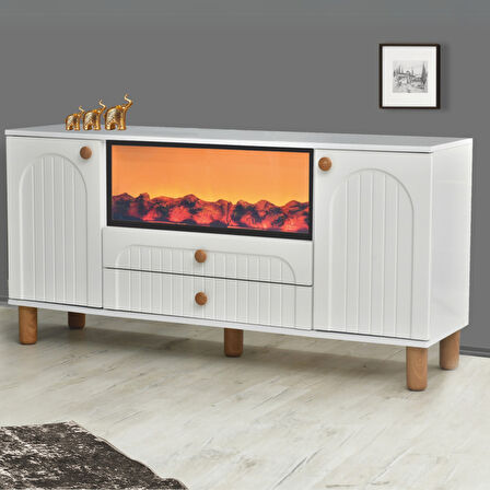 Lidya Şömineli Konsol 2 Kapaklı 2 Çekmeceli Beyaz Alev Efektli 160x80x44 Cm