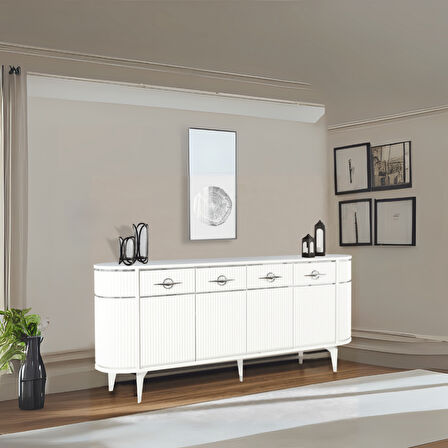Maya 4 Kapaklı Gümüş Detaylı Konsol – Beyaz Renkli Oval Model | 180x45x84 Cm