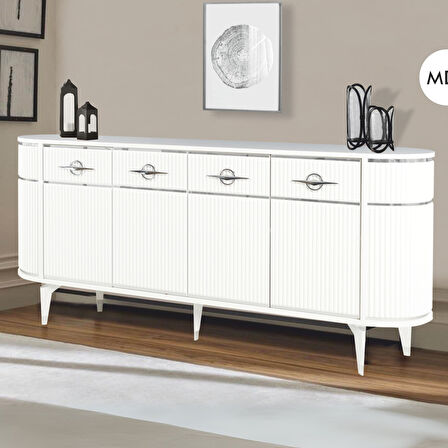 Maya 4 Kapaklı Gümüş Detaylı Konsol – Beyaz Renkli Oval Model | 180x45x84 Cm