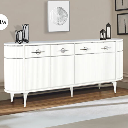 Maya 4 Kapaklı Gümüş Detaylı Konsol – Beyaz Renkli Oval Model | 180x45x84 Cm
