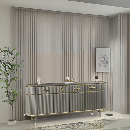 Maya Antrasit Gold Lüks Konsol 4 Kapak Oval Gövde Pramit Ayaklı 180x45x84 Cm