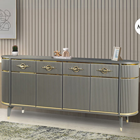 Maya Antrasit Gold Lüks Konsol 4 Kapak Oval Gövde Pramit Ayaklı 180x45x84 Cm