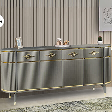 Maya Antrasit Gold Lüks Konsol 4 Kapak Oval Gövde Pramit Ayaklı 180x45x84 Cm