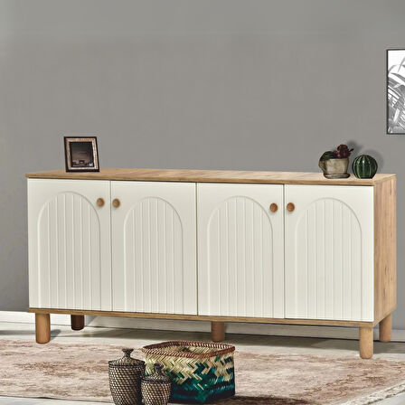 Lidya Konsol 4 Kapaklı Atlantik Çam Krem Ahşap Görünümlü Ayaklı 180x80x44 Cm