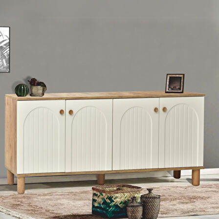 Lidya Konsol 4 Kapaklı Atlantik Çam Krem Ahşap Görünümlü Ayaklı 180x80x44 Cm