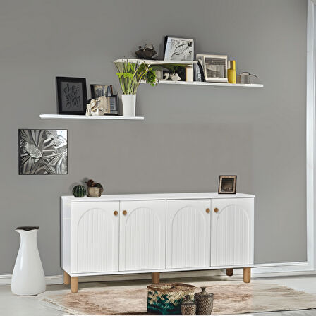 Lidya Konsol 4 Kapaklı Beyaz Krem Ahşap Görünümlü Ayaklı 180x80x44 Cm