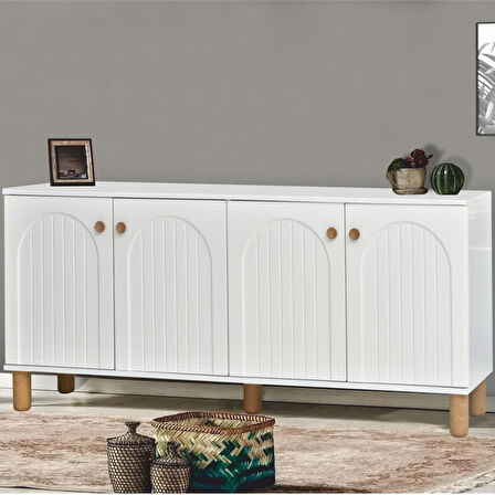 Lidya Konsol 4 Kapaklı Beyaz Krem Ahşap Görünümlü Ayaklı 180x80x44 Cm