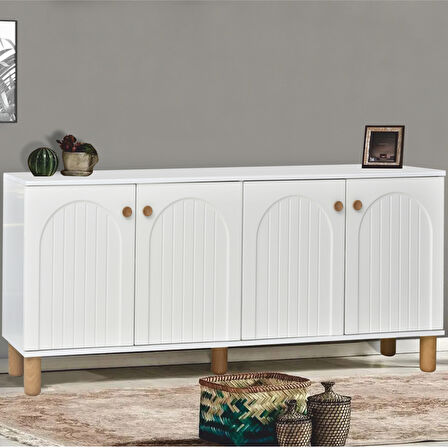 Lidya Konsol 4 Kapaklı Beyaz Krem Ahşap Görünümlü Ayaklı 180x80x44 Cm