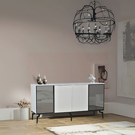 Viva Camlı Konsol Beyaz Aynalı 4 Kapaklı Raflı 160x80x43,5 Cm
