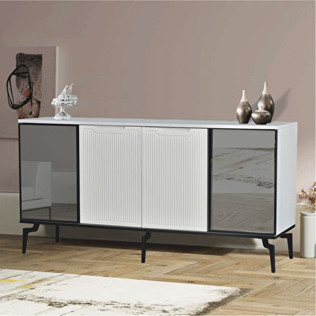 Viva Camlı Konsol Beyaz Aynalı 4 Kapaklı Raflı 160x80x43,5 Cm
