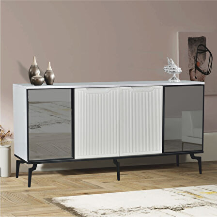 Viva Camlı Konsol Beyaz Aynalı 4 Kapaklı Raflı 160x80x43,5 Cm