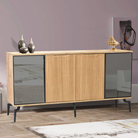 Viva Camlı Konsol Atlantik Çam Aynalı 4 Kapaklı Raflı 160x80x43,5 Cm