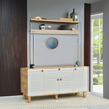 Helena Konsol Atlantik Çam Beyaz 4 Kapaklı 1 Çekmeceli Ahşap Detaylı 160x80x44 Cm