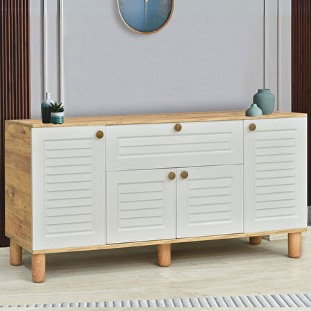 Helena Konsol Atlantik Çam Beyaz 4 Kapaklı 1 Çekmeceli Ahşap Detaylı 160x80x44 Cm