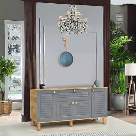 Helena Konsol Atlantik Çam Antrasit4 Kapaklı 1 Çekmeceli Ahşap Detaylı 160x80x44 Cm