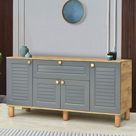 Helena Konsol Atlantik Çam Antrasit4 Kapaklı 1 Çekmeceli Ahşap Detaylı 160x80x44 Cm