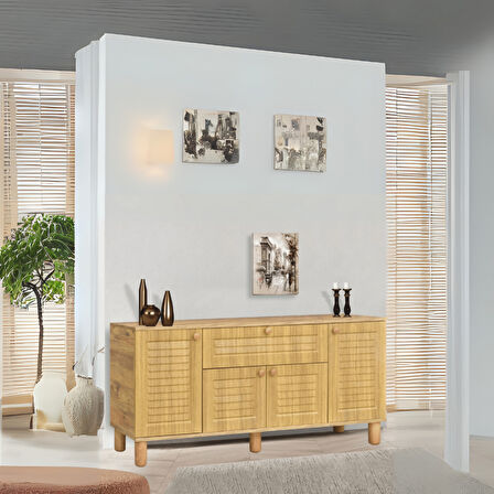 Helena Konsol Atlantik Çam 4 Kapaklı 1 Çekmeceli Ahşap Detaylı 160x80x44 Cm