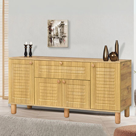 Helena Konsol Atlantik Çam 4 Kapaklı 1 Çekmeceli Ahşap Detaylı 160x80x44 Cm