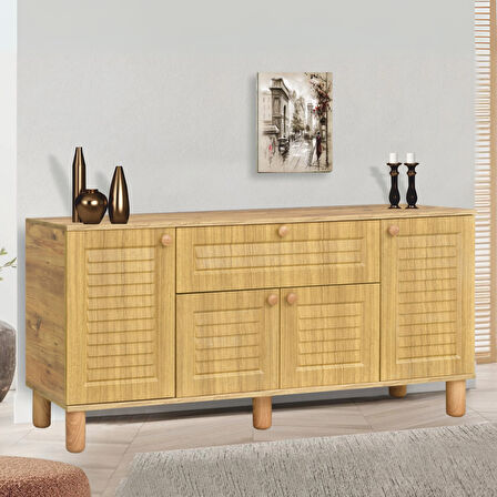 Helena Konsol Atlantik Çam 4 Kapaklı 1 Çekmeceli Ahşap Detaylı 160x80x44 Cm