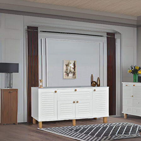 Helena Konsol Beyaz 4 Kapaklı 1 Çekmeceli Ahşap Detaylı 160x80x44 Cm