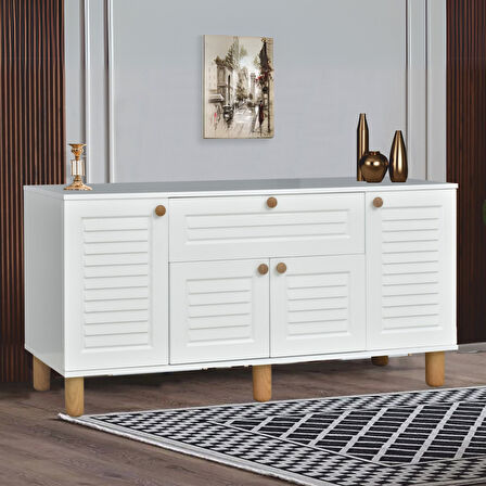 Helena Konsol Beyaz 4 Kapaklı 1 Çekmeceli Ahşap Detaylı 160x80x44 Cm