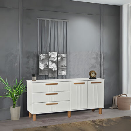 Dia Konsol 2 Kapaklı 3 Çekmeceli Beyaz Krem 160x80x43,5 Cm