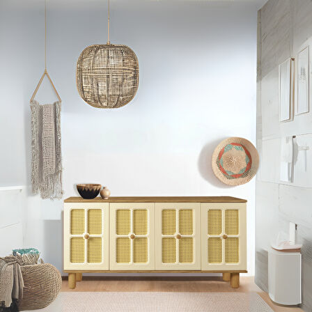 Hasırlı Atlantik Çam Krem Rustik Konsol 4 Kapaklı Doğal Hasır Desenli 160x43.5x80 Cm