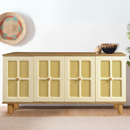 Hasırlı Atlantik Çam Krem Rustik Konsol 4 Kapaklı Doğal Hasır Desenli 160x43.5x80 Cm