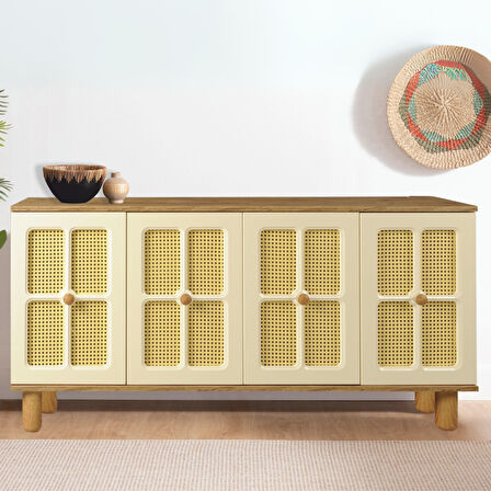 Hasırlı Atlantik Çam Krem Rustik Konsol 4 Kapaklı Doğal Hasır Desenli 160x43.5x80 Cm