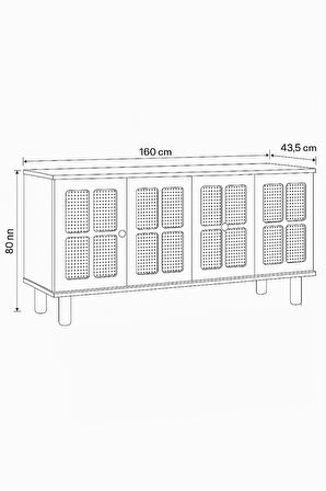 Hasırlı Atlantik Çam Krem Rustik Konsol 4 Kapaklı Doğal Hasır Desenli 160x43.5x80 Cm