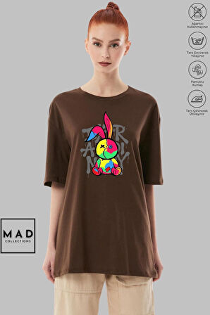 MAD COLLECTION Unisex Oversize Bisiklet Yaka Pamuk Dikişli Tavşan Baskılı Kısa Kollu Tişört