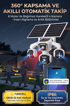 4 Kameralı - Güneş Enerjili + 16000 Mah. + E- Sim Destekli + 20MP Güvenlik Kamerası  Yapay Zeka TC15