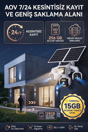 4 Kameralı - Güneş Enerjili + 16000 Mah. + E- Sim Destekli + 20MP Güvenlik Kamerası  Yapay Zeka TC15