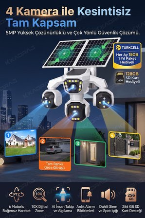 4 Kameralı - Güneş Enerjili + 16000 Mah. + E- Sim Destekli + 20MP Güvenlik Kamerası  Yapay Zeka TC15