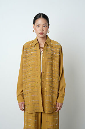 Kadın Yatay Şerit Taş İşlemeli Düz Renk Oversize Gömlek