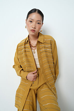 Kadın Yatay Şerit Taş İşlemeli Düz Renk Oversize Gömlek