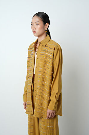 Kadın Yatay Şerit Taş İşlemeli Düz Renk Oversize Gömlek