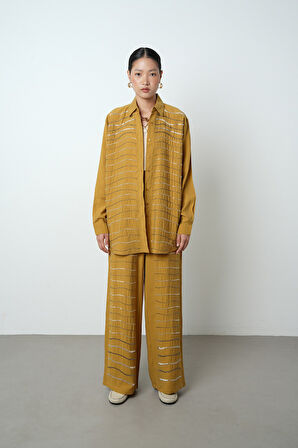 Kadın Yatay Şerit Taş İşlemeli Düz Renk Oversize Gömlek