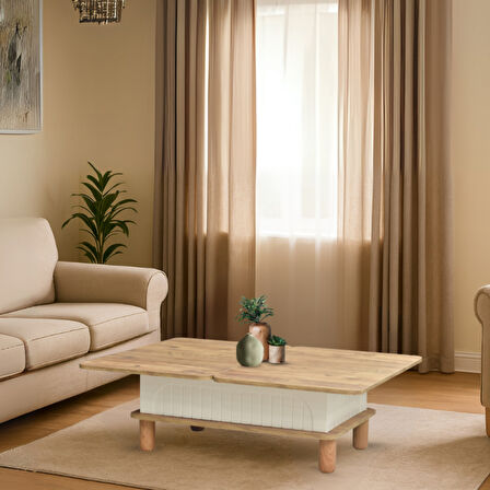 Lidya Akıllı Sehpa Atlantik Çam Krem 4 Fonksiyonlu Açılır Mekanizmalı 90x39x60 Cm