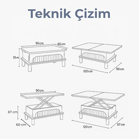 Lidya Akıllı Sehpa Beyaz Renkli Açılır Kapanır 4 Fonksiyonlu Mebran Tasarım 90x60 Cm