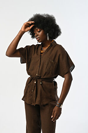 KADIN %100 KETEN KAHVERENGİ KISA KOLLU BAĞCIKLI GÖMLEK