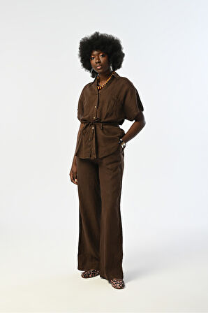 KADIN %100 KETEN KAHVERENGİ KISA KOLLU BAĞCIKLI GÖMLEK