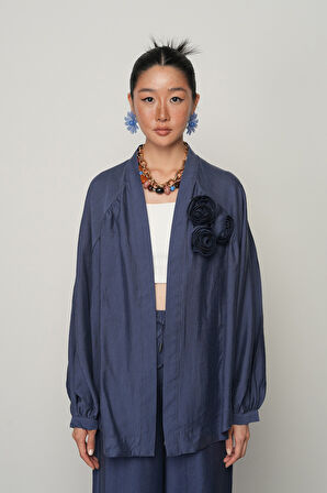 Kadın Gül Detaylı Düz Renk Oversize Kesim Kimono