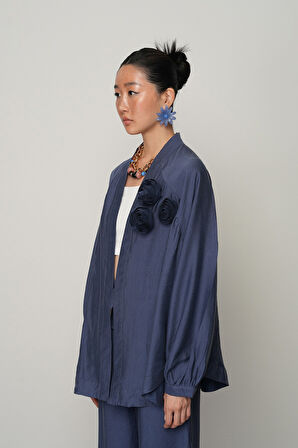 Kadın Gül Detaylı Düz Renk Oversize Kesim Kimono