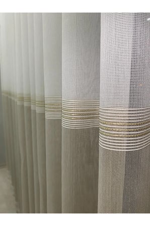 Paris Bantlı Gold Simli İki Renkli Tül Perde | 1/3 Sık Pileli | Ekru-Bej