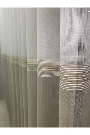 Paris Bantlı Gold Simli İki Renkli Tül Perde | 1/2,5 Orta Pileli | Ekru-Bej