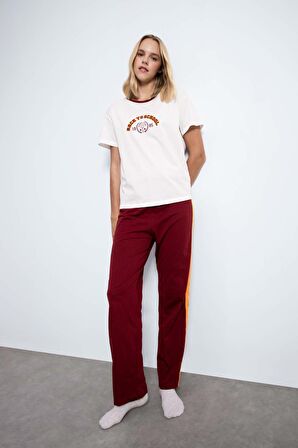 DeFacto Fall in Love Pijama Takım Bisiklet Yaka Baskılı Kısa Kollu Üst Beli Lastikli Alt D5663AX24AUBR248
